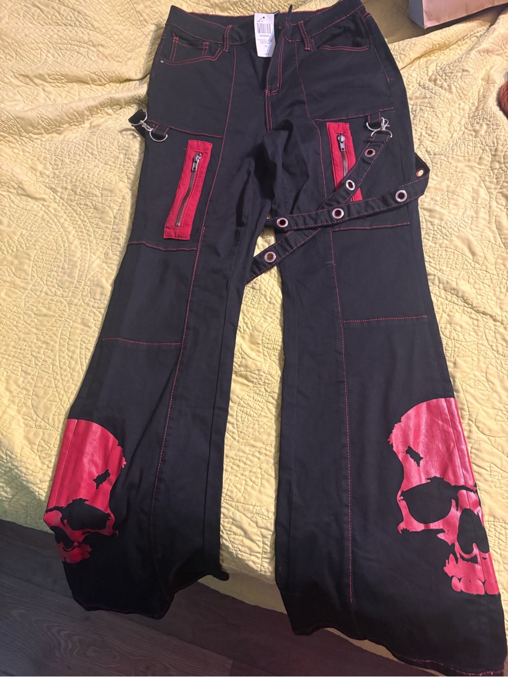 Hottopic Black Wide-Leg Jeans with Red Skull Accents